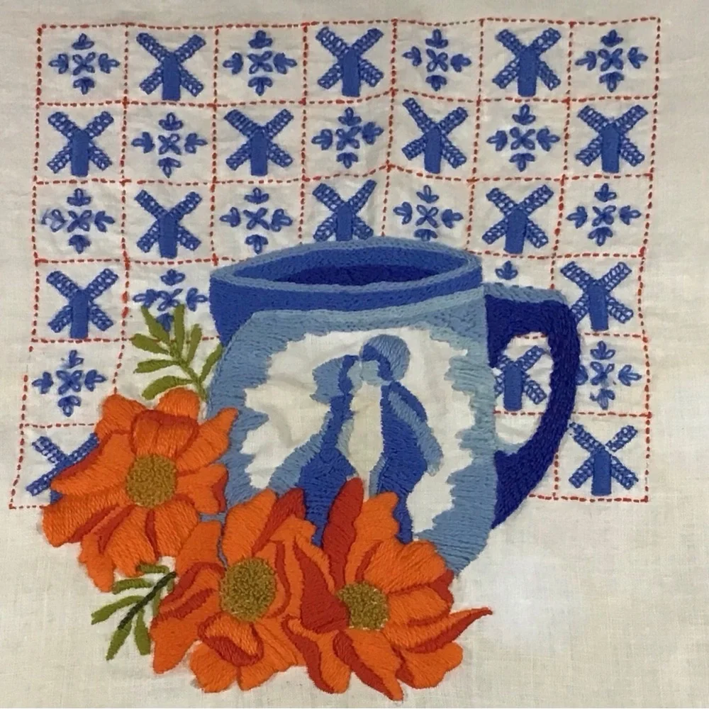 Vtg Embroidered Dutch Windmills Mug Picture Flowers Kissing Blue Orange White